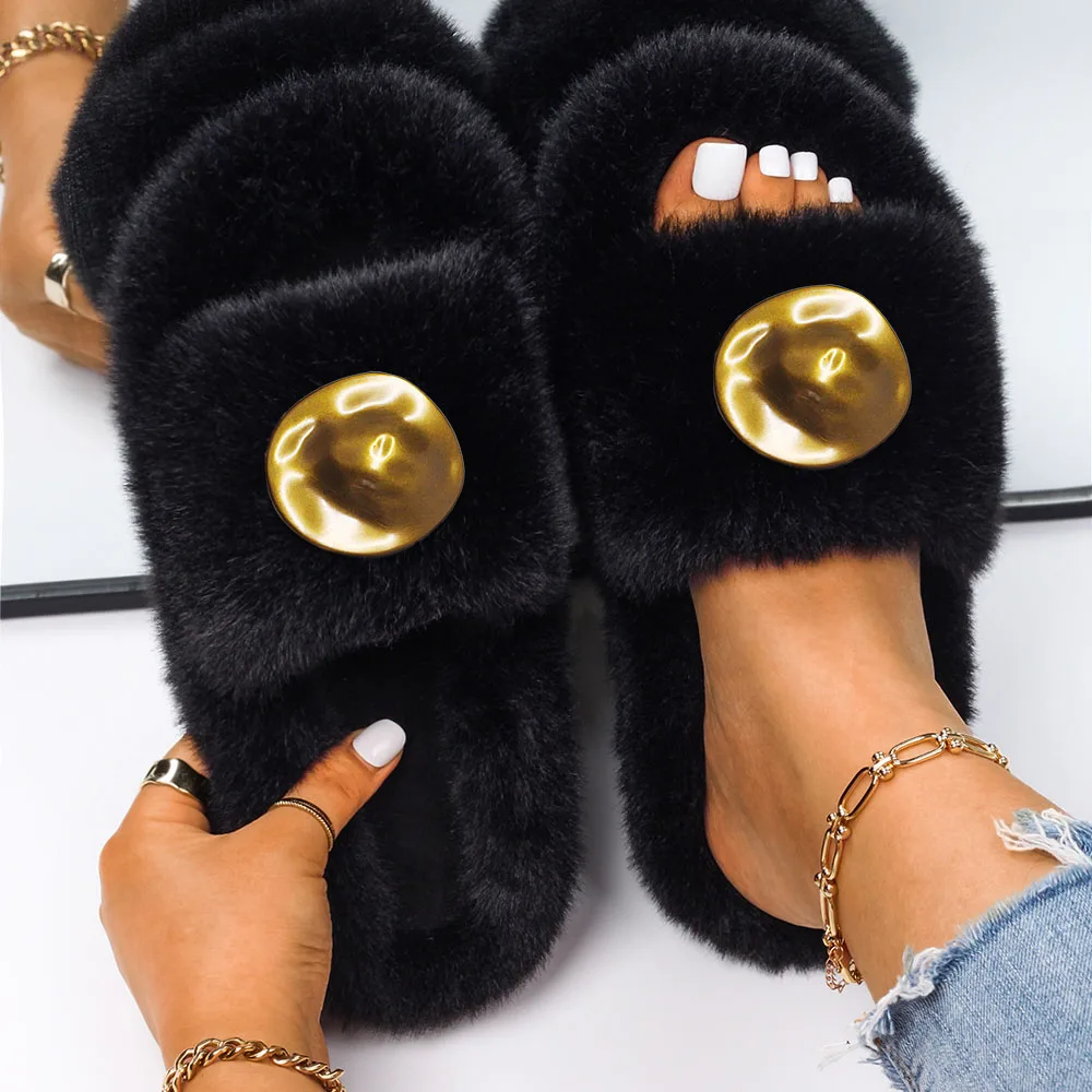 Women's Slippers Shoes Fluffy Flip Flops Luxury Designer Metal Furry Slides Fashion Platform Sandals Outdoor Slippers 2022 New