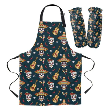 

Apron Kit Mexican Skull Guitar Kitchen Bib Oven Mitts for Cooking Gardening Woman Kids Aprons Cuff Baking Accessories