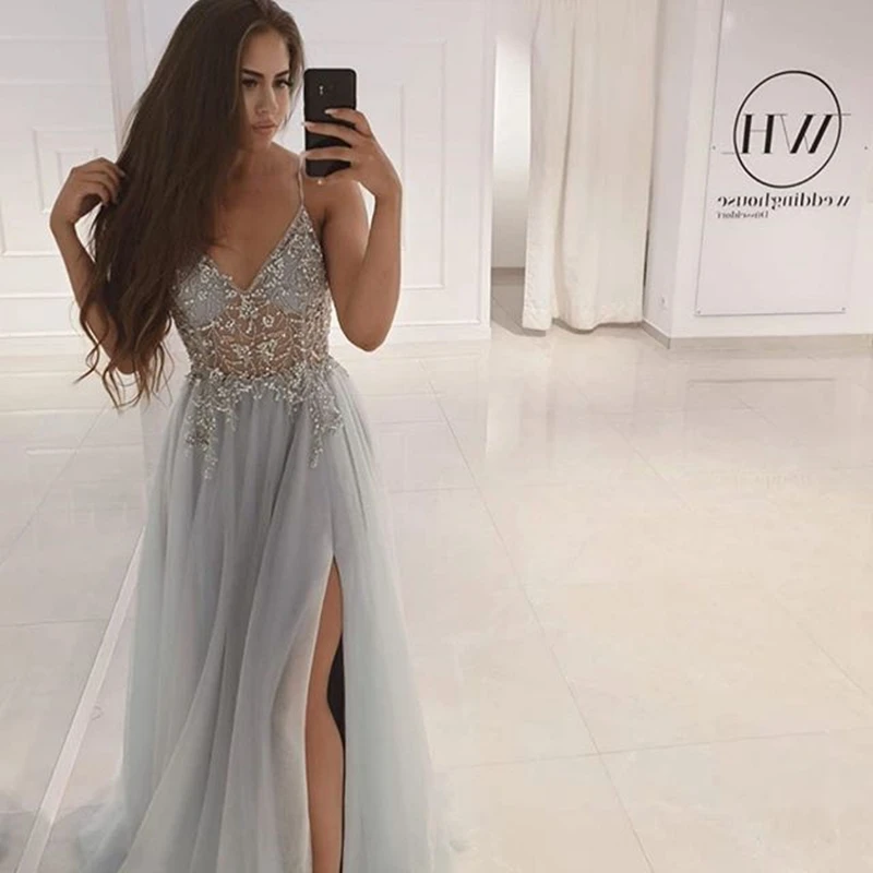 

Evening Dresses Long A Line Sexy Split Deep V Neck Sleeveless Floor Length For Women Handmake Beading Formal Prom Party Gowns