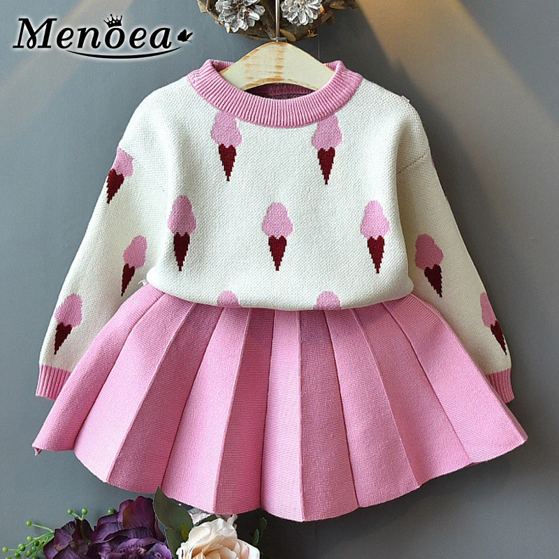 Menoea/Одежда для маленьких девочек; Осенние костюмы для маленьких девочек из 2 предметов; комплекты одежды для детей; вязаный пуловер с рисунком мороженого; свитер; плиссированные платья