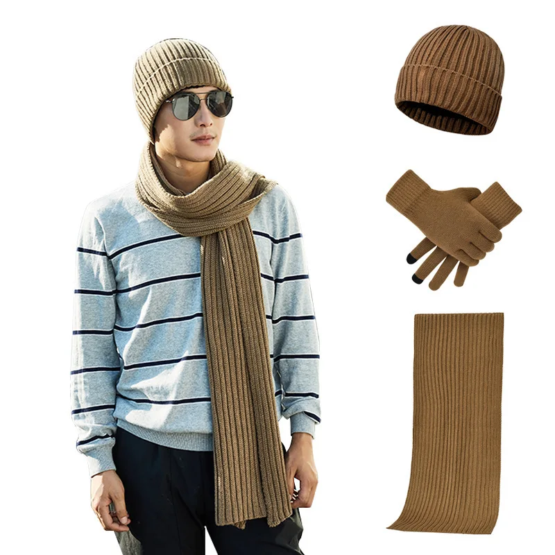Мужская зимняя теплая вязаная шапка+ шарф бесконечности и перчатки для сенсорного экрана, набор для мужчин, толстая зимняя шапка с флисовой подкладкой - Цвет: Khaki