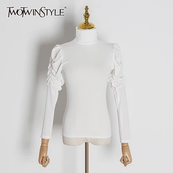 

TWOTWINSTYLE Minimalist Ruched T-shirt For Female Turtleneck Puff Long Sleeve Autumn Slim T Shirt Women Fashion Clothes 2020 New