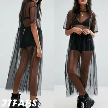 

2020 Summer Volie Mesh Dresses Women See Through Black Gauze Mesh Sundress Half Sleeve Lace Sexy Outwear 1-Piece Summer