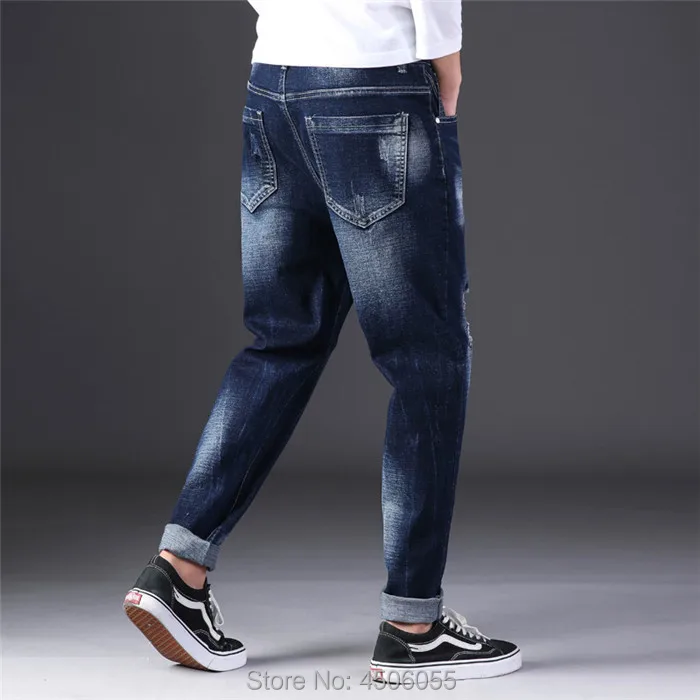 Потертые джинсы мужские темно-синие брюки мужские рваные джинсы с дырками джинсовые эластичные большие размеры 5XL 6XL 140 кг брюки одежда