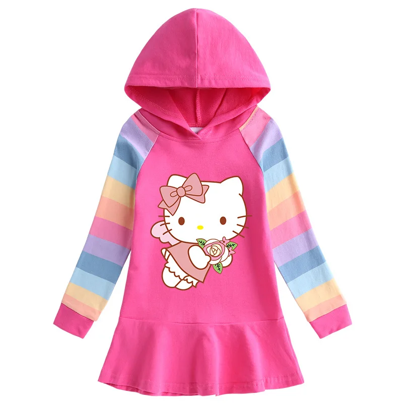 thumbnail image 1 of Hello Kitty-vestido de algodón con dibujos de arcoíris para niñas, suéter con capucha de manga larga, falda de princesa, ropa para niños, primavera y otoño, 1 of 5