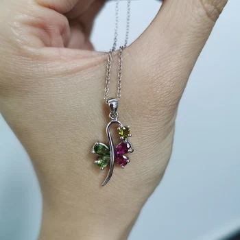 

MH women pendants sweet fine Jewelry Natural multicolor tourmaline Gemstone necklace 925 Sterling Silver wedding party gift
