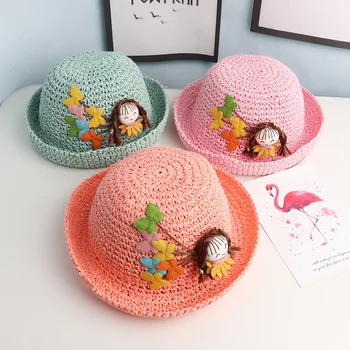 

Fashion Baby boy and girl hats Children cartoon little girl handmade straw hat 2020 summer new butterfly curled baby sun hat