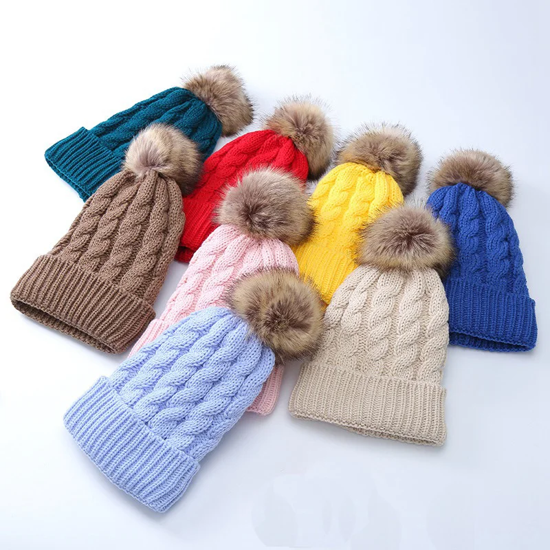 

Add Plus lining Winter Knit Slouchy Beanie Hat Faux Fur Pompoms Beanie Unisex Daily Warm Ski Skull Cap 8 Colors