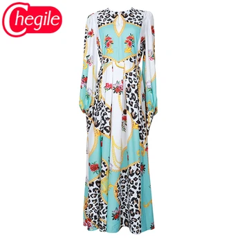 

New Women Long Dresses 2020 Summer European Fashion Leopard Print Full Lantern Sleeves Luxury Elegant Dress