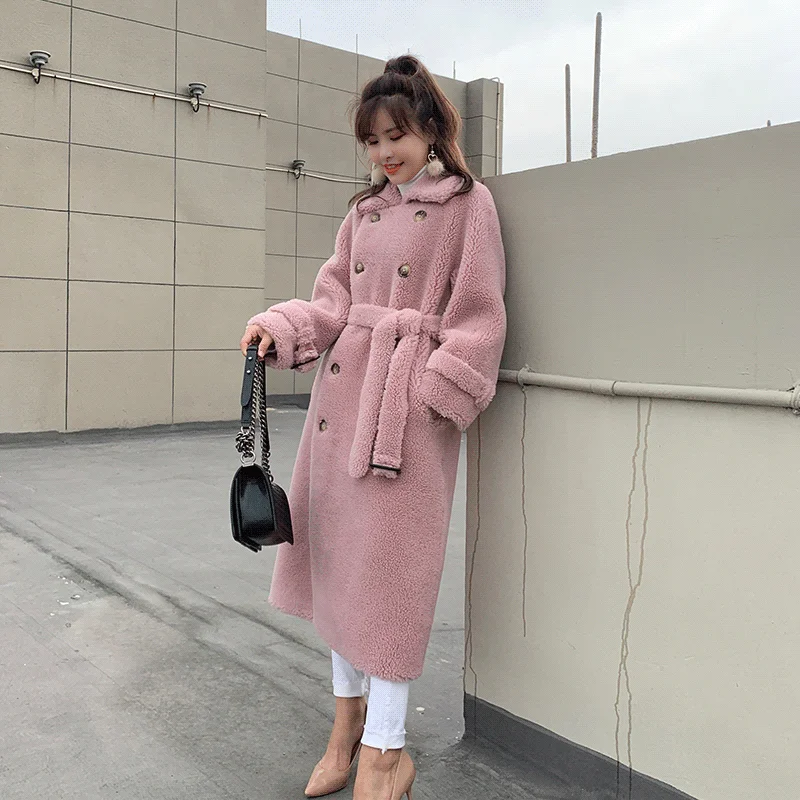 light pink Зимняя новая женская оторочка из овечьей шерсти, куртка, верхняя одежда, Женская Натуральная овечья шерсть, свободная уличная длинная куртка K293 - Цвет: light pink