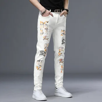 

White Cowboy Pants Men's Wear Popular Brand Cool Hot Drilling Printed Slim Fit Youth Fashion Men Casual Skinny
