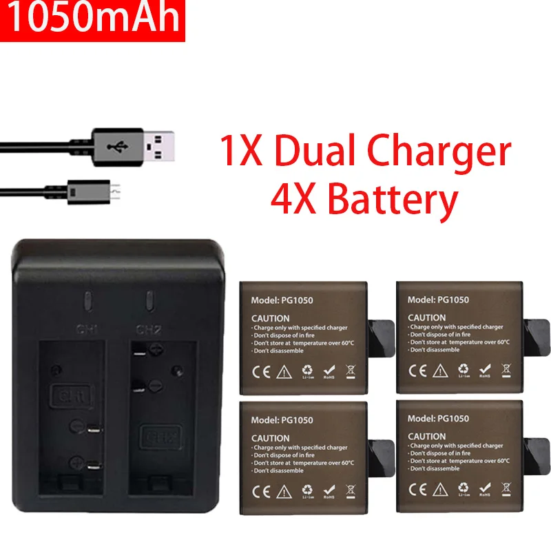 4pcs 3.7v 1050mah Pg1050 Action Camera Battery + Dual Charger For Eken