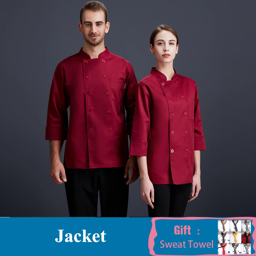 Двубортный сплошной цвет унисекс с длинным рукавом униформа для повара отеля ресторана кухни рубашка кофе бар Парикмахерская официанта куртка - Цвет: Red Coat