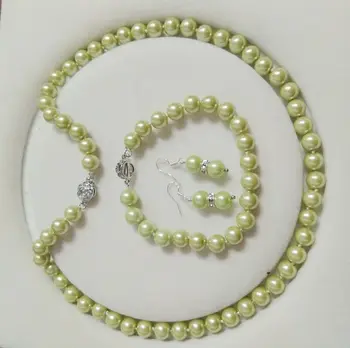 

8mm AAA Light Green Shell Pearl necklace Bracelet Earring Set