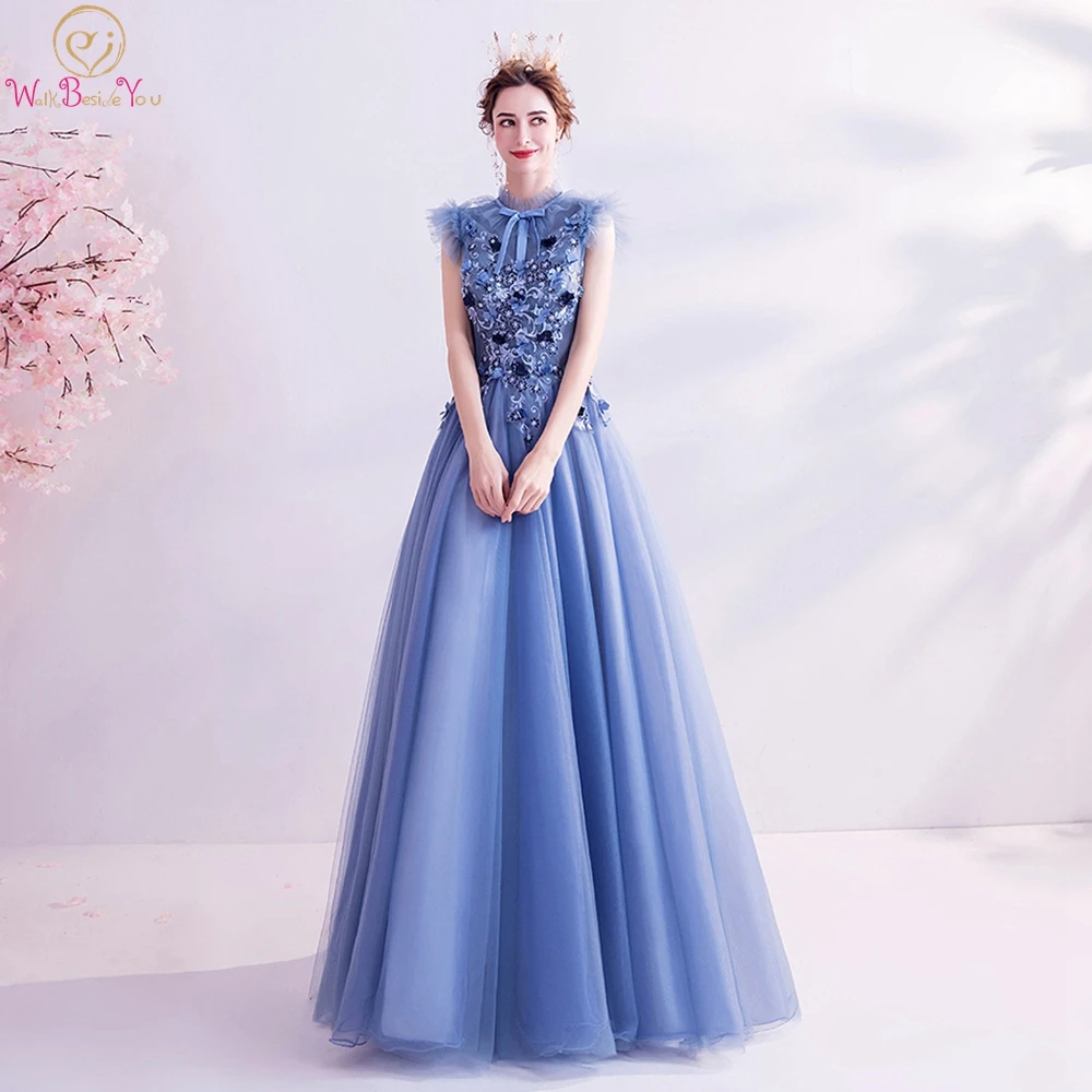 

Blue Prom Dresses 2020 Long Tulle High Neck Cap Sleeves Graduation Long Bow Lace Applique Floral Evening Gown Walk Beside You