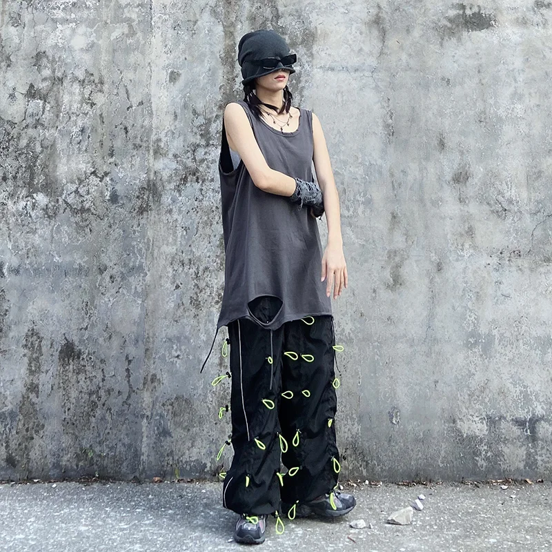 [EAM] High Elastic Waist Green Drawstring Wide Leg Long Trousers New Loose Fit Pants Women Fashion Tide Spring Autumn 2020 1X847
