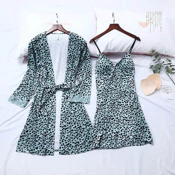

Women Kimono Gown Leopard Robe Set Velour 2PCS Sleepwear Soft Velvet Nightgown Sexy Nightdress Home Clothes 2020 New Bathrobe