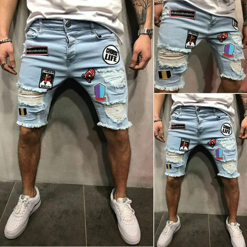 Men Ripped Skinny Short Jeans Destroyed Breathable Pant Elastic Casual Blue Jeans Frayed Slim Fit Denim Male Pants Plus Size Men Ripped Skinny Short Jeans Destroyed Breathable Pant Elastic Casual Blue Jeans Frayed Slim Fit Denim Male Pants Plus Size