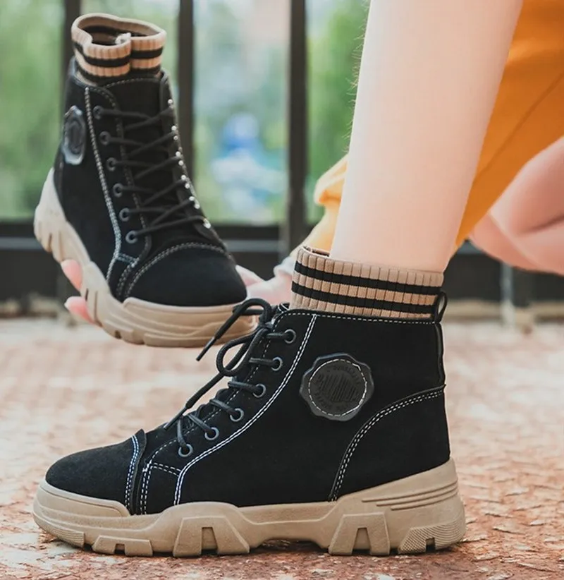 

Womens Round Toe Flock Knitting Knitted Stitching Ankle Boots Lace Up Oxfords Warm Winter&Spring Styles Retro Shoes Black Kahki