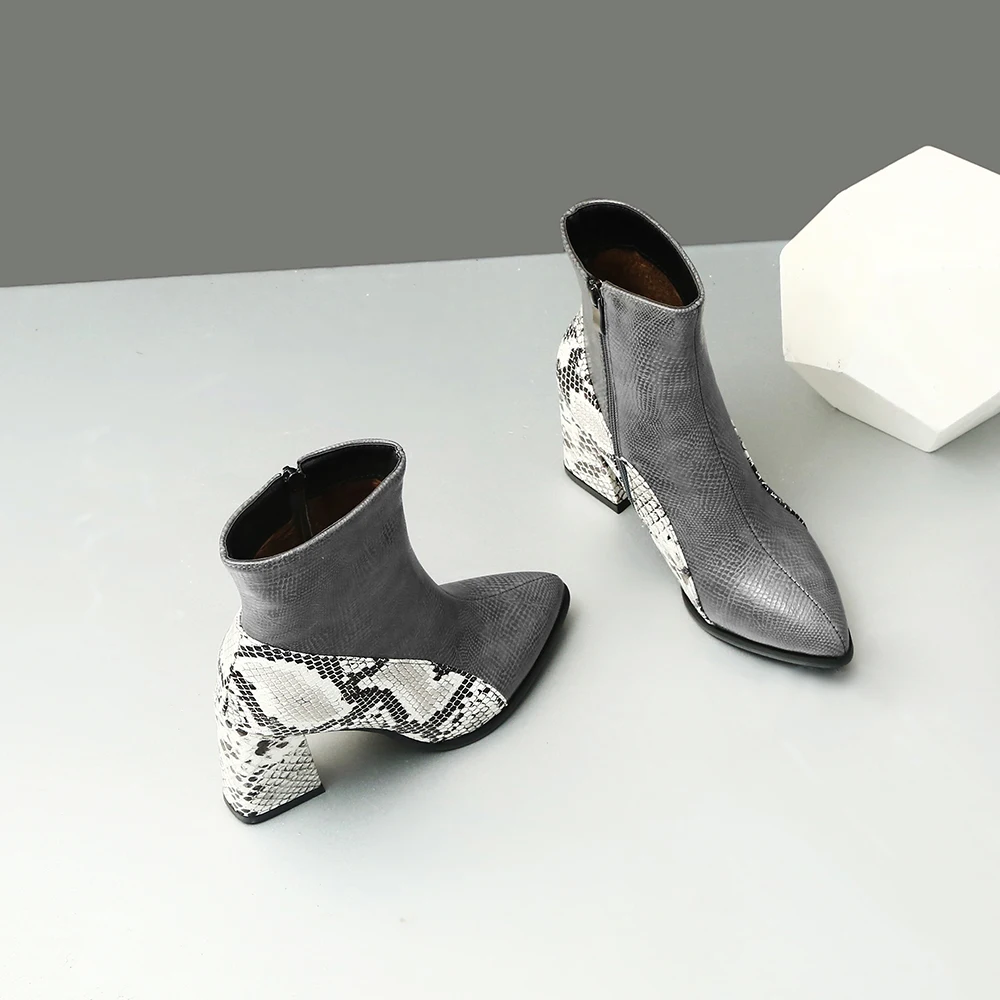 Новые зимние женские ботильоны из искусственной кожи со змеиным принтом; обувь на молнии с острым носком; женские ботинки на толстом высоком каблуке; обувь для вечеринок; zapatos de mujer