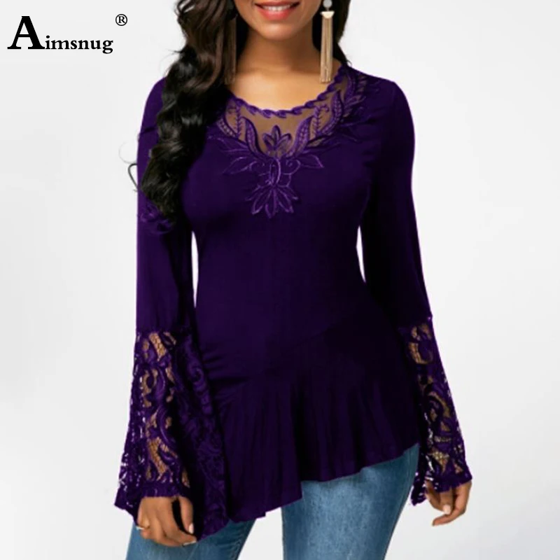 Плюс размер 4xl 5xl Женские Новые Осенние Boho Твердые сплайсинговые кружевные топы с рукавом колокол полые женские футболки повседневные тонкие женские футболки