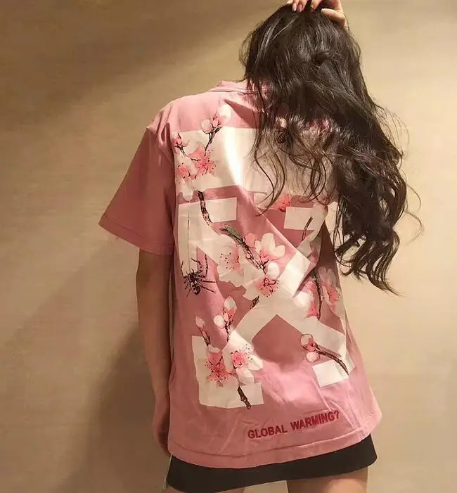 Новинка 19SS Off-White OW вишневые модели унисекс для влюбленных пар хлопковая модная футболка с короткими рукавами и круглым вырезом