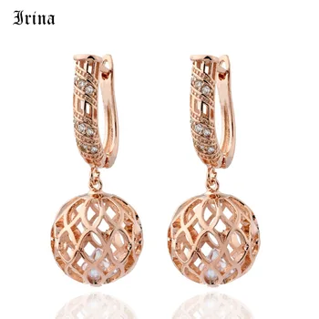 

Irina New Big Pattern Hollow Ball Long Earrings 585 Rose Gold Women Jewelry White Natural Zircon Carved Unique Earrings