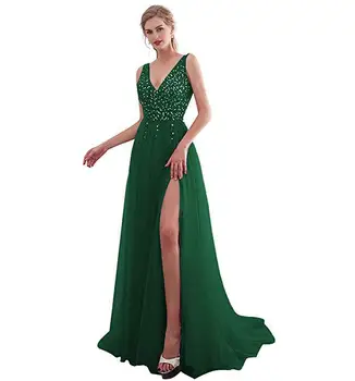 

Hot drill patchwork chiffon wedding party floor-length dresses Frocks Women tunic sexy sleeveless v neck high slit green dress