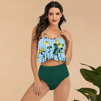 

ZAFUAZ New Swimsuit 2020 Ruffle High Waist Swimwear Female Sexy Print Tummy Control Bikini Set Plus Size Tankini Bathing Suit