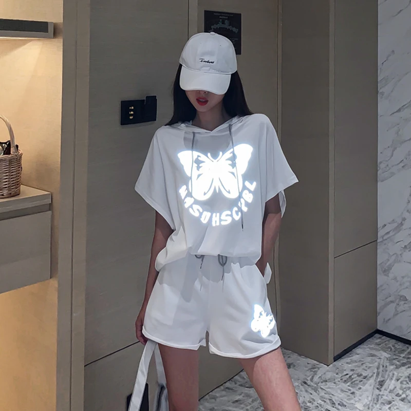 

short pants 2 Piece Set Women Hooded Short Sleeve T Shirts Fluorescent Solid + Drawstring Elastic Waist Shorts pant Suits ka882