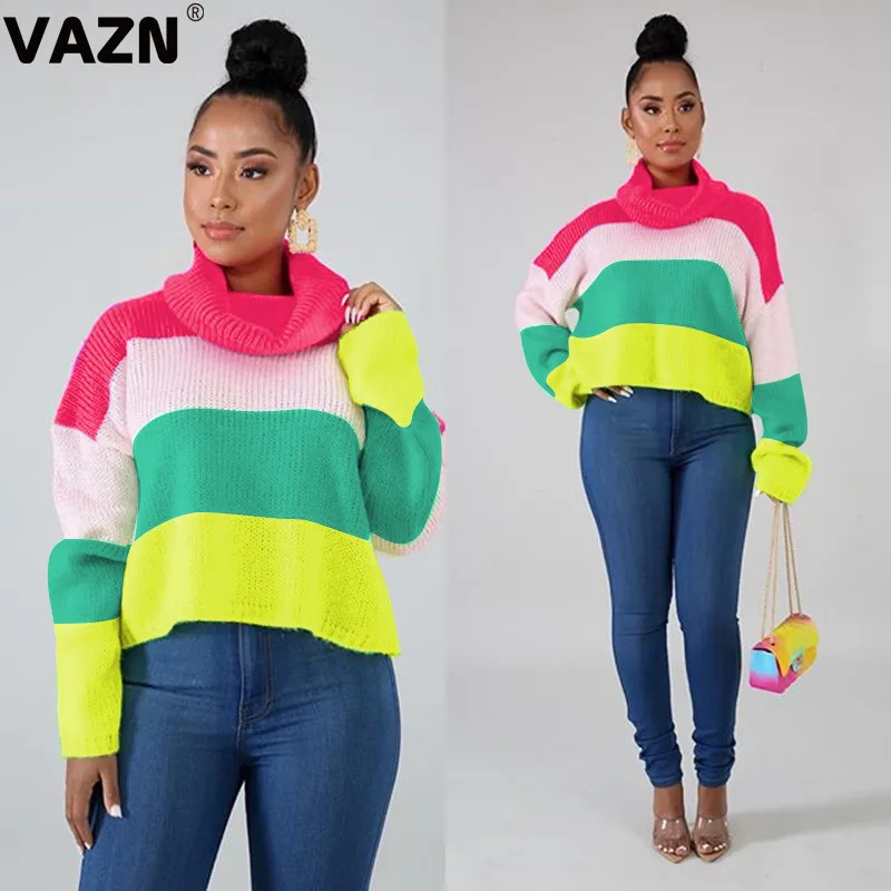 VAZN Striped Tall Neck Spring hot casual coat sweatshirt women full sleeve sweatshirt lady drop-shoulder short sweatshirt