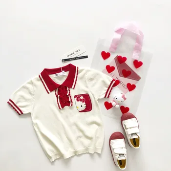 

Tonytaobaby Spring and Summer New Style Collar Sweater with Short Sleeves Girls Cartoon Short-sleeved Top