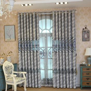 

Modern luxury chenille grey embroidered curtains for living room windows classic elegant high quality curtain for bedroom hotel