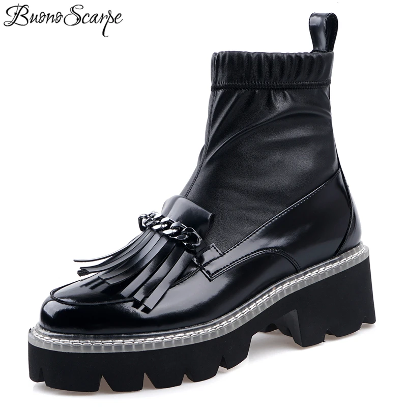 

Buono Scarpe Metal Chains Women Ankle Boots Elastic Tassels Short Boots Platform Black Punk Shoes Mujer Ladies Socks Boots 2019