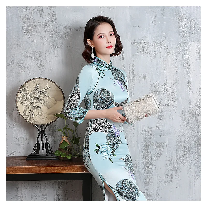 Большие размеры 4XL 5XL осень новое Винтажное с рукавом три четверти Cheongsam сексуальное женское официальное длинное платье с цветочным принтом из вискозы Qipao