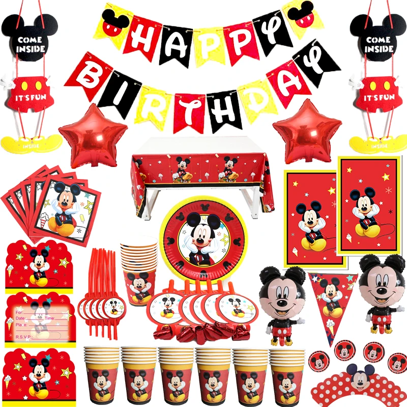 Vajilla desechable de dibujos animados de Mickey Mouse para niños, suministros de decoración para fiestas de cumpleaños, servilletas, vasos, banderín