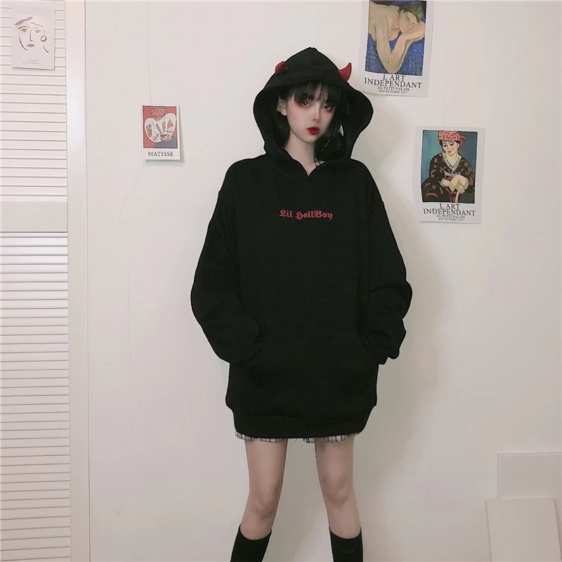 Сезон осень-зима; Для женщин кофты Хай-стрит Harajuku милые толстовки с капюшоном в стиле панк дьявол в готическом стиле Рог шикарный пуловер с капюшоном свитер с капюшоном