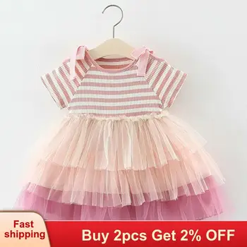 

Girls Dresses Summer Cupcake Striped Bow-Sleeve Dresses Baby Clothing Girl Birthday Dress Newborn Baby Princess for girls dress