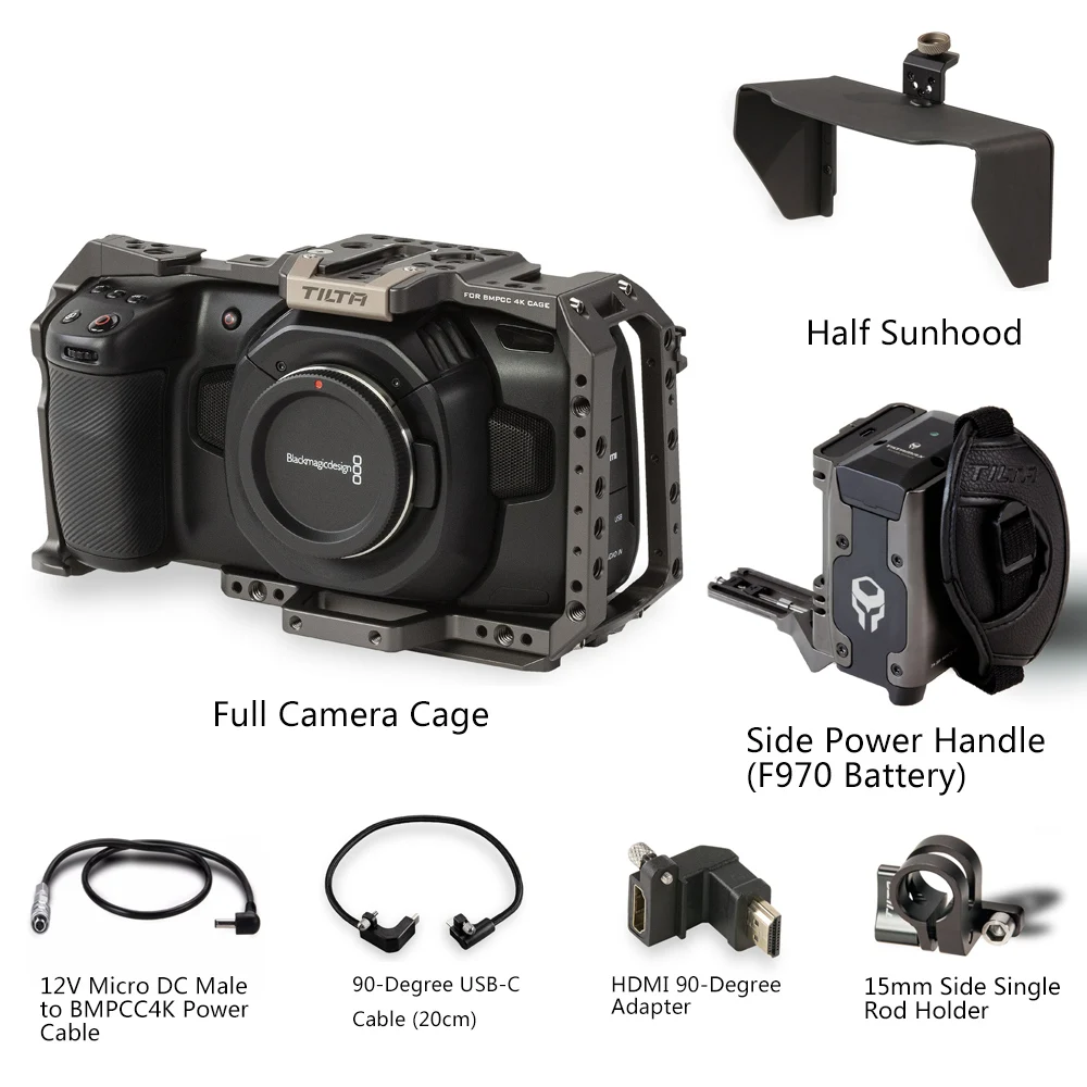 

Tilta Full Camera Cage Side Power Handle Half Sunhood 90-Degree USB-C Cable HDMI 90-Degree Adapter for BMPCC 4K Camera
