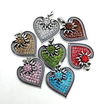 

3pcs 40*50mm Bohemia Heart Flower Charms Pendant Necklace Making Findings Antique Silver Crystal DIY Edelweiss Jewelry Making