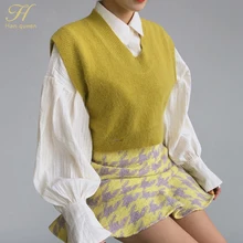 H Han queen норковый кашемир с высокой талией авокадо зеленый жилет без рукавов для женщин Осень Зима OL сплошной цвет Повседневные вязаные жилеты