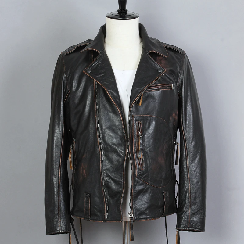 Винтажная Черная Мужская Байкерская кожаная куртка диагональная молния плюс размер XXXL Натуральная воловья куртка мотоциклиста