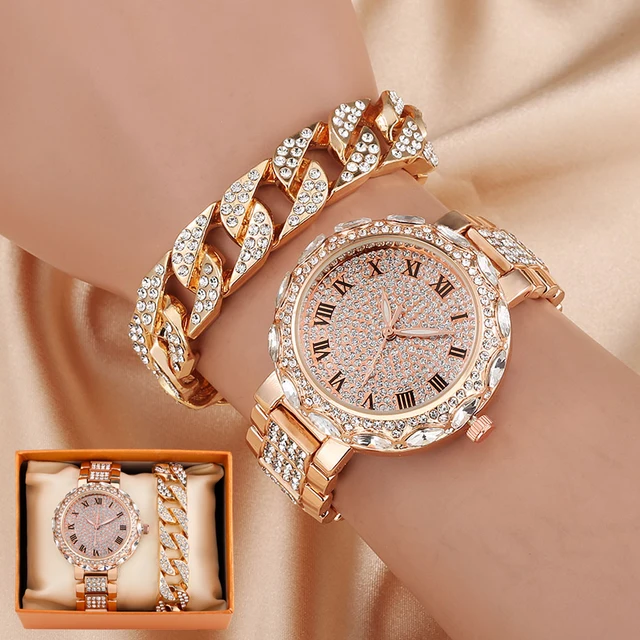 Luxury Women's Bracelet Quartz Rose Gold Diamond Bracelet Gift Set 1