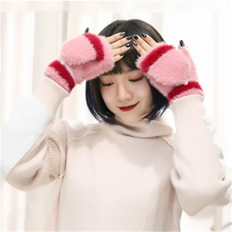 I17 Pink Calymel, модные, для холодной погоды, женские перчатки, для взрослых, для рук, теплые, из искусственного меха, без пальцев, зимние, флип-топ, рождественские подарки - Цвет: I17 Pink