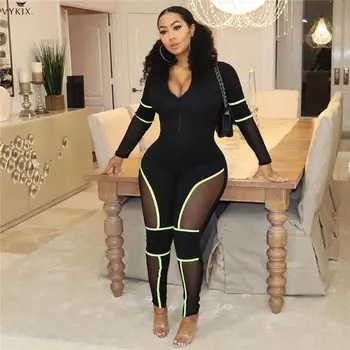 

Tracksuit Women Jumpsuit Sheer Mesh Patchwork Bandage Zipper Front V Neck Long Sleeve Sexy Jumpsuit Romper Night Women Overalls