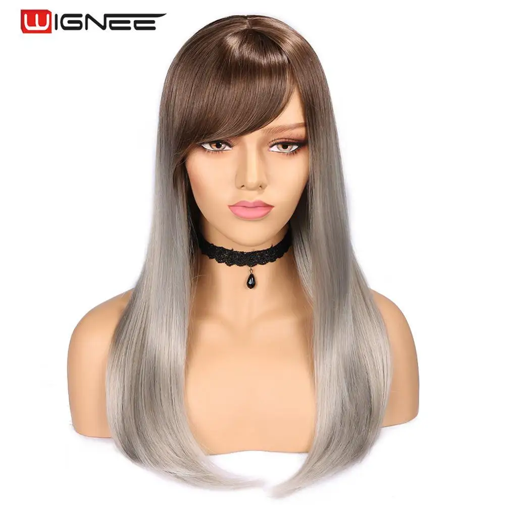 

Wignee High Temperature Fiber Straight Synthetic Wigs for Women Average Size Medium Brown Women Wig with Bangs Natural Hair Wigs