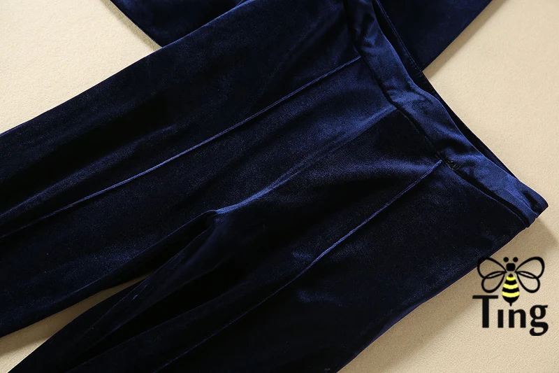 Tingfly Дизайнер Знаменитости зима осень Королевский синий бархатный костюм наборы леди офисная работа бархатное пальто+ полные брюки женский комплект из 2 предметов
