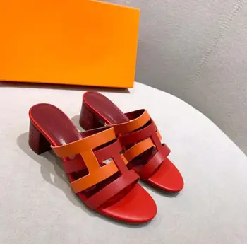 

2020 summer new real cow leather thick high heels sandals and slippers ladies casual non-slip open-toed slippers plus size 42