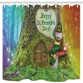 

St. Patrick's Day Bath Curtain, Red Mushroom in Front of Fairy Tree with Wooden Door, Faric Shower Curtains for Bathroom, Shower