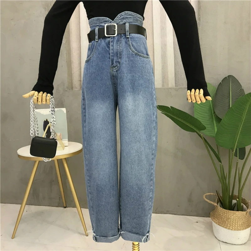 blue Корейский стиль, женские джинсовые штаны с высокой талией, Джинсы бойфренда, повседневные свободные длинные штаны, женские синие джинсы, брюки с поясом - Цвет: blue